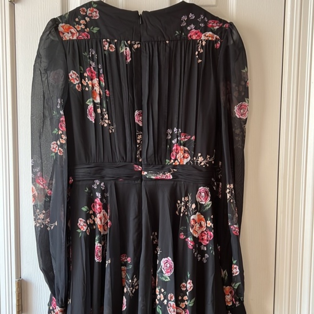 Mac Duggal Belted Floral Print Illusion Long Sleeve Maxi Gown Black Multi Size 6 - Picture 11 of 11